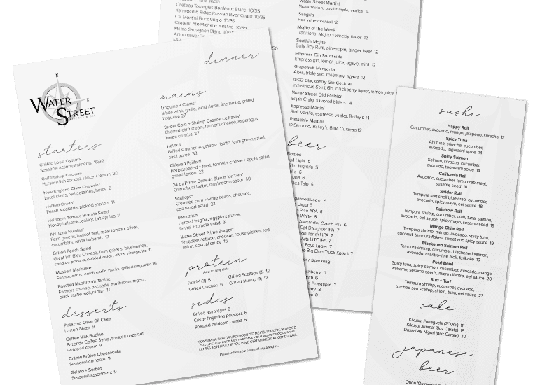 Waterstreet Kitchen and Bar Menus